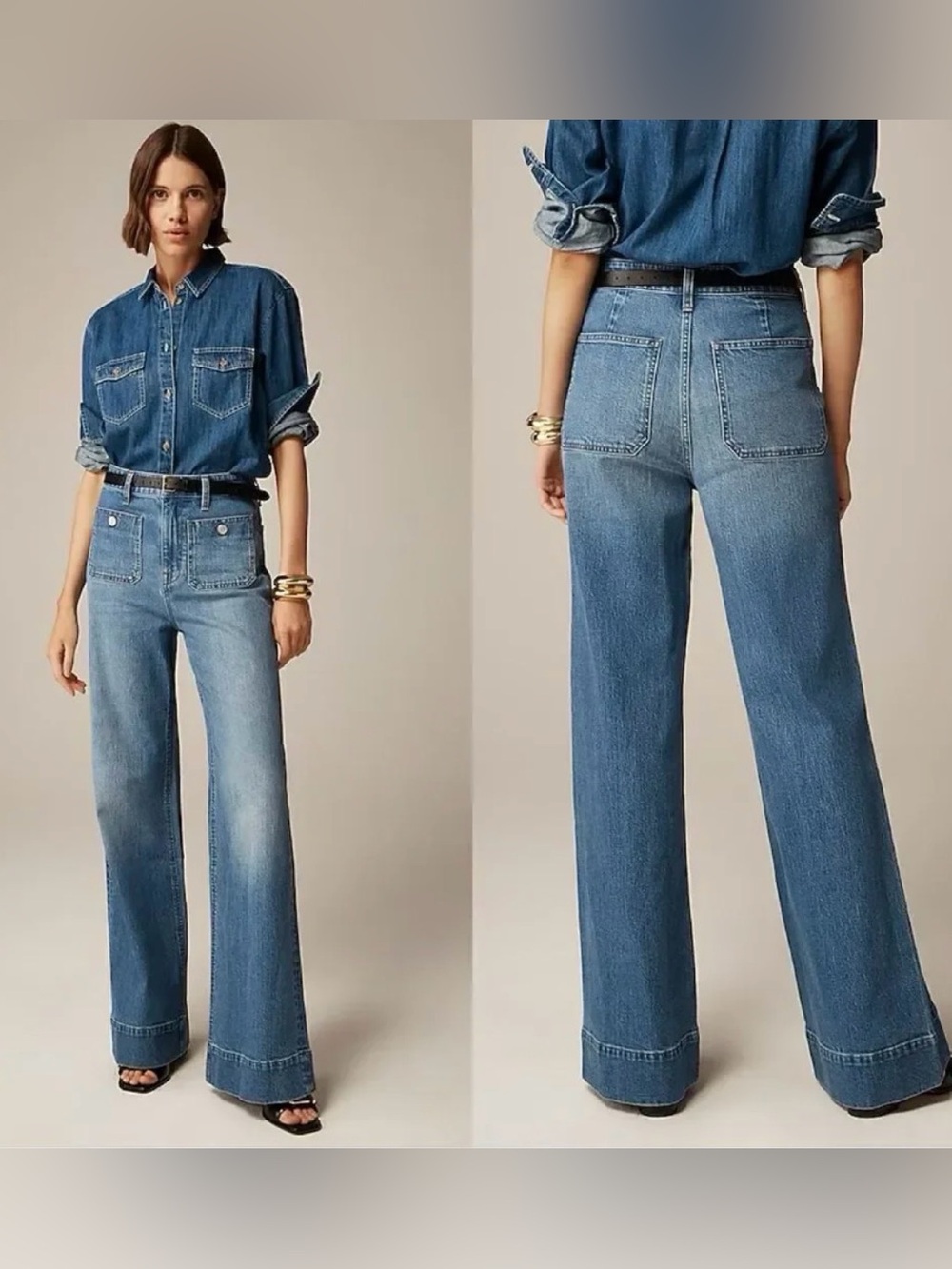 J. Crew Medium Blue High-Rise Wide-Leg Patch Pocket Sailor Jeans 28 Fits Like 29 - Picture 1 of 13